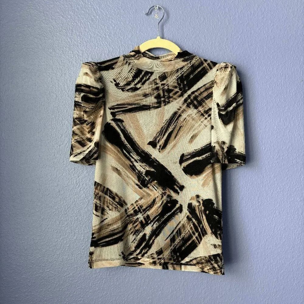 DKNY Women's Cowl Neck Puff Short Sleeve Blouse Petite Small Stretchy Fitted